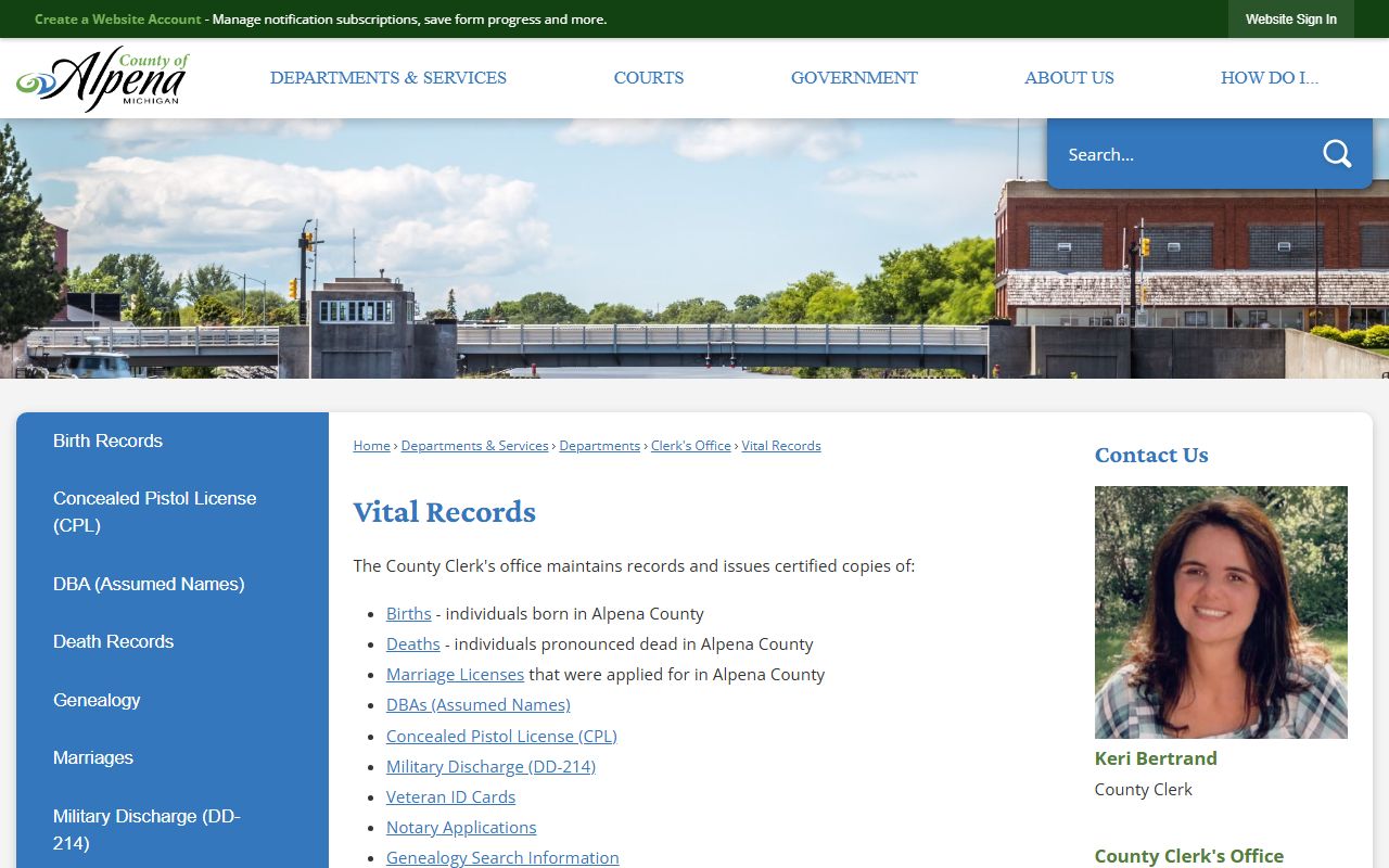 Alpena County Clerk vital records certified copy page