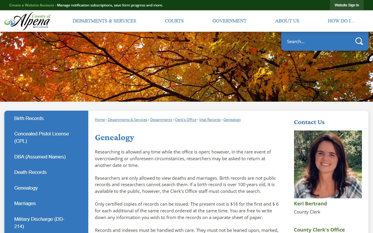 Alpena County Clerk genealogy records access page