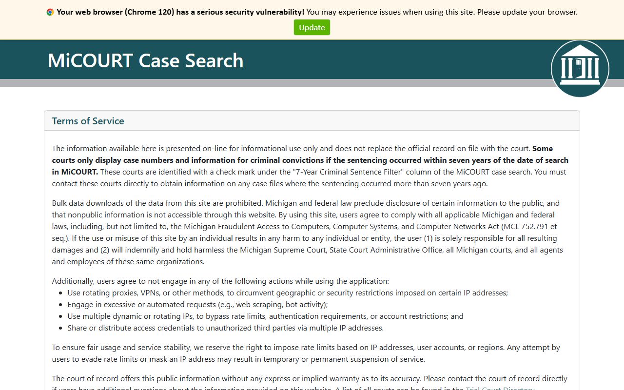 Alpena County court records search entry page on the county website