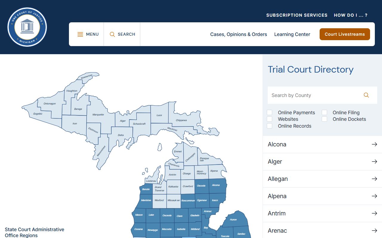 Alpena County court records office listing in the Michigan trial court directory