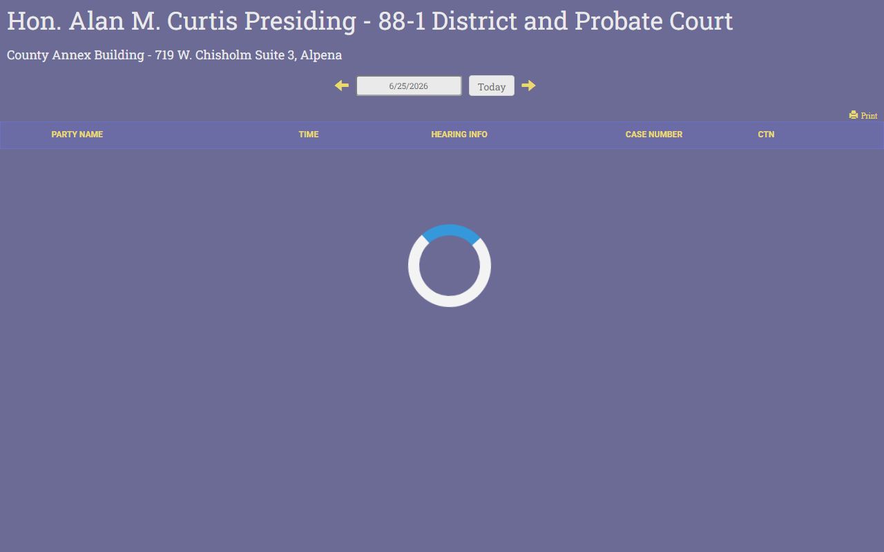 Alpena County court records shown as a public MiCOURT court display docket table