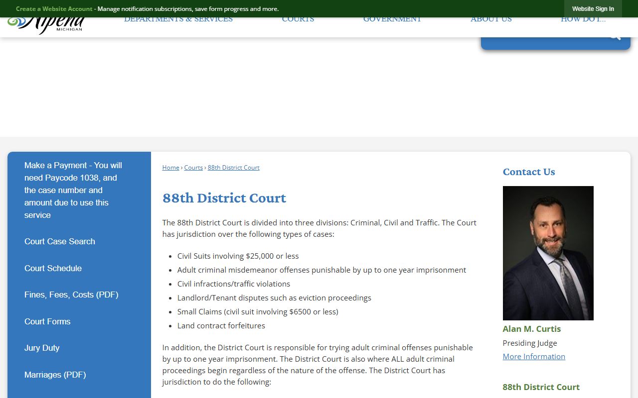 Alpena County 88th District Court page showing divisions and contacts