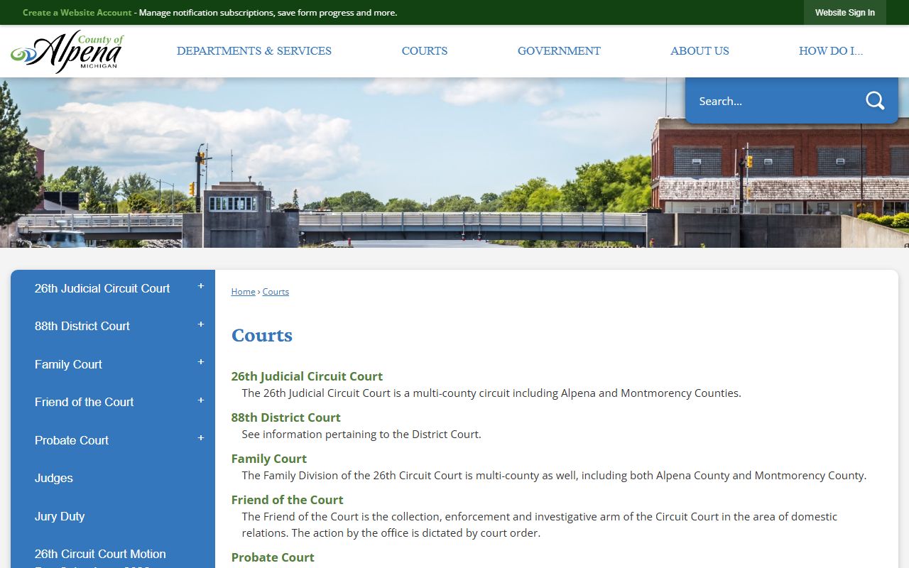 Alpena County courts hub listing court record types