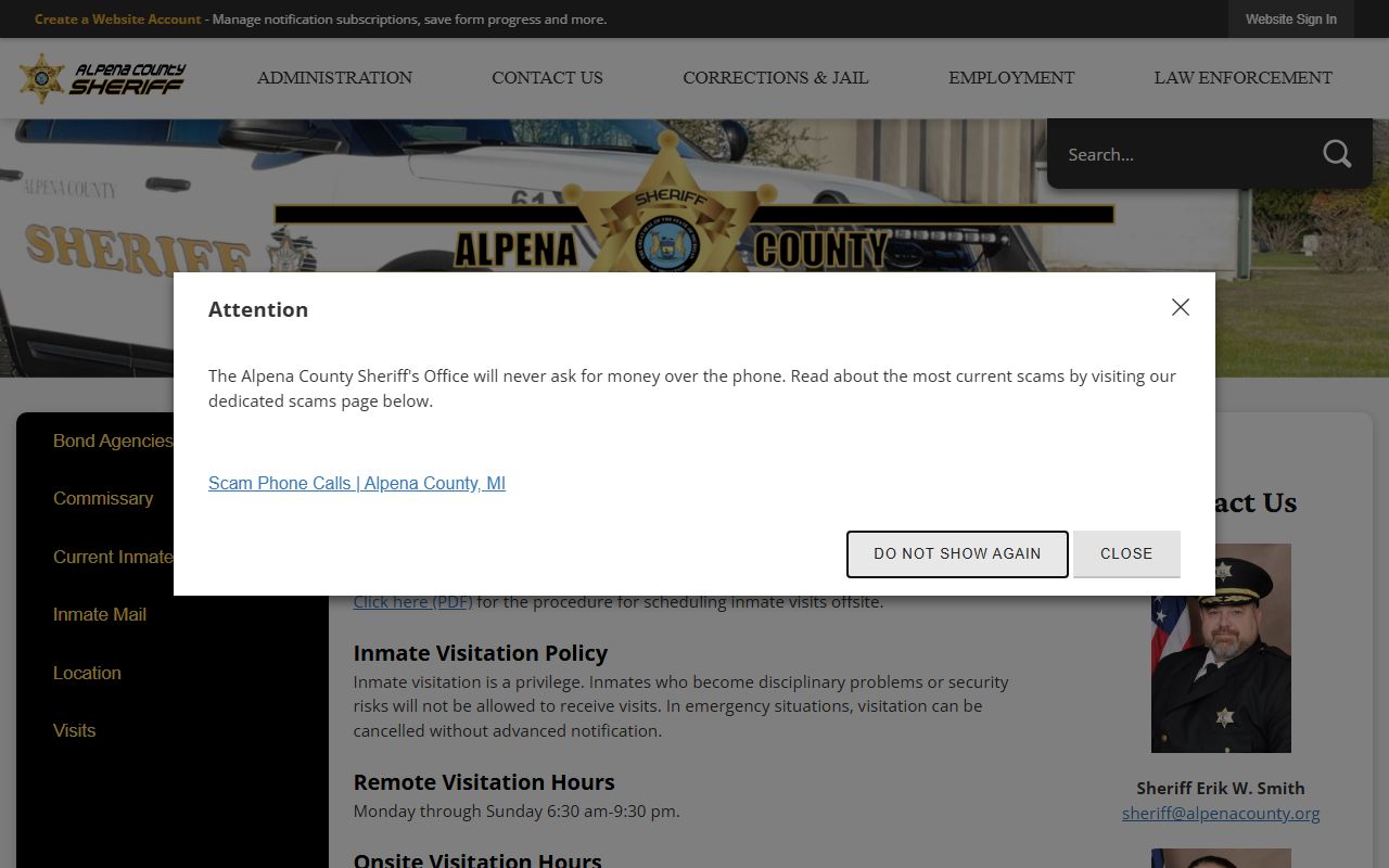 Alpena County inmate jail visitation rules and schedule