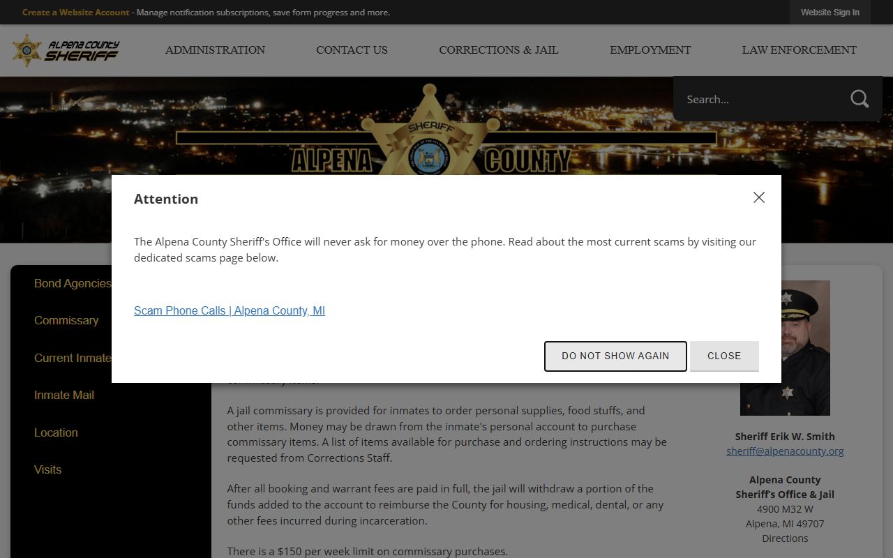 Alpena County inmate jail commissary account rules
